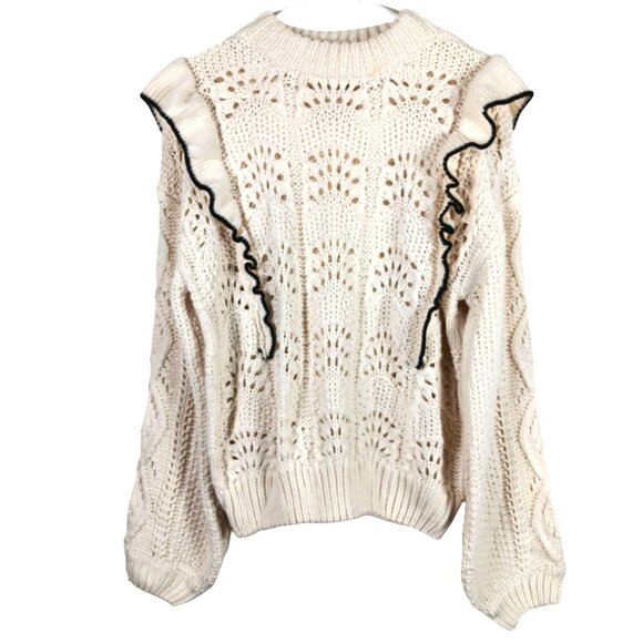En Saison Morgan Sweater Womens S Cream Ruffled Knit Black Trim Coquette Preppy - Picture 1 of 14